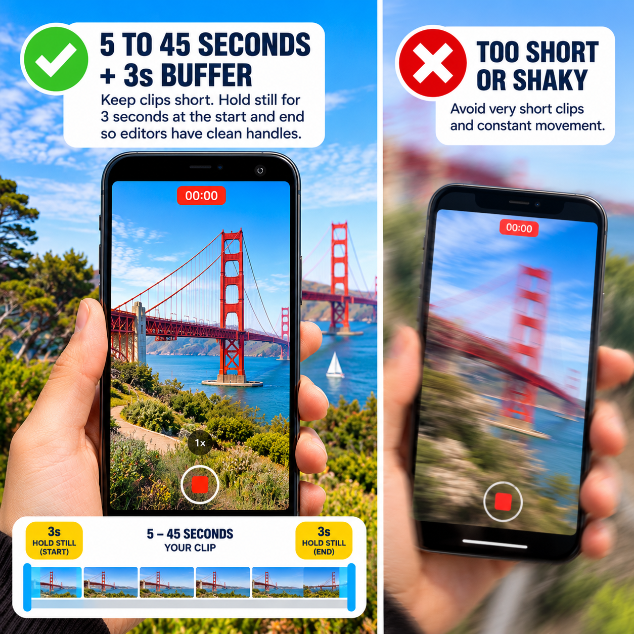 Keep clips 5 to 45 seconds with a 3 second hold at start and end